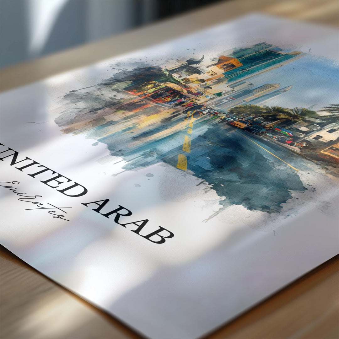 UAE Wall Art, United Arab Emirates Print, UAE Watercolor Art, UAE Travel Gift, Travel Print, Travel Poster, Housewarming Gift
