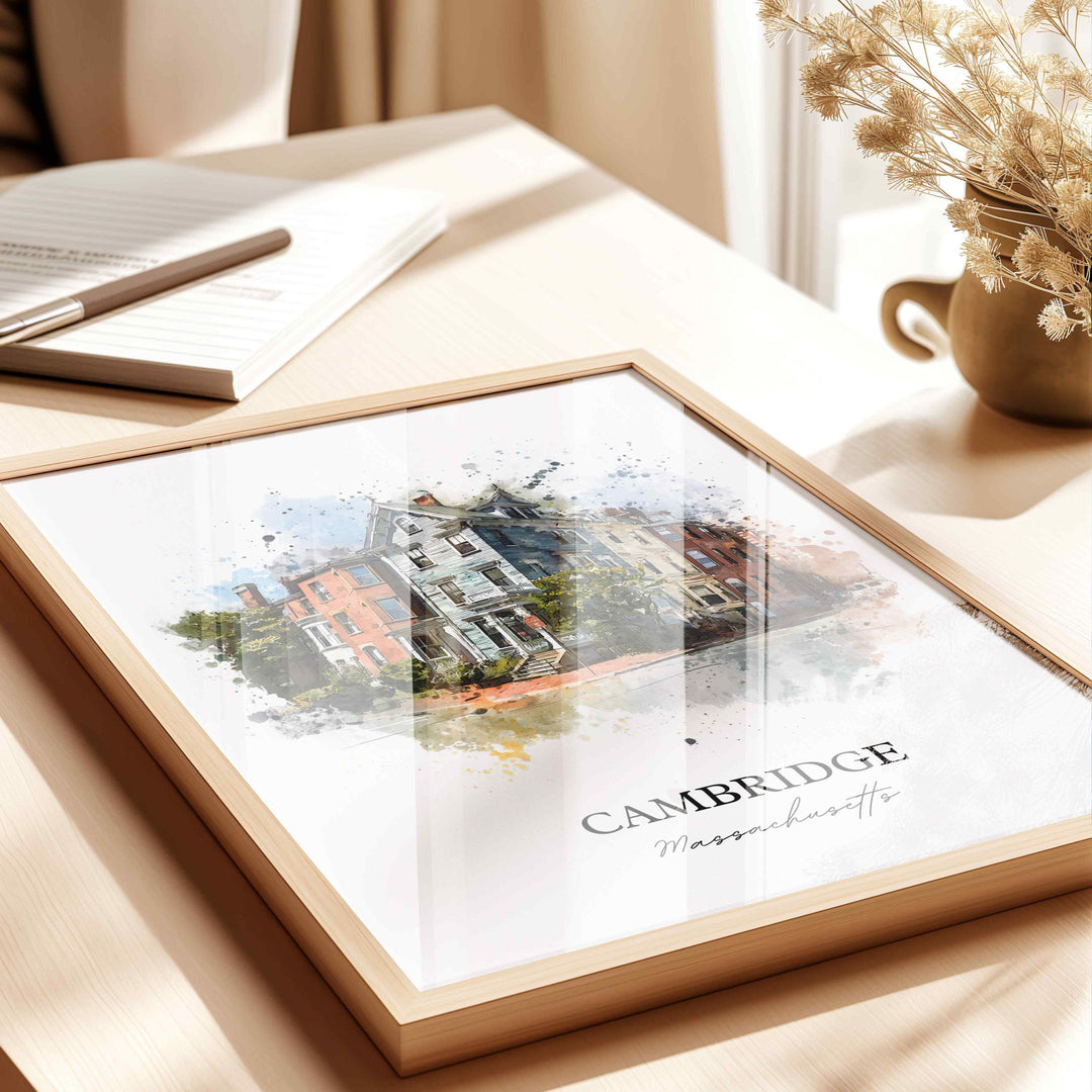 Cambridge MA Wall Art, Cambridge Print, Massachusetts Watercolor Art, Boston MA Gift, Travel Print, Travel Poster, Housewarming Gift