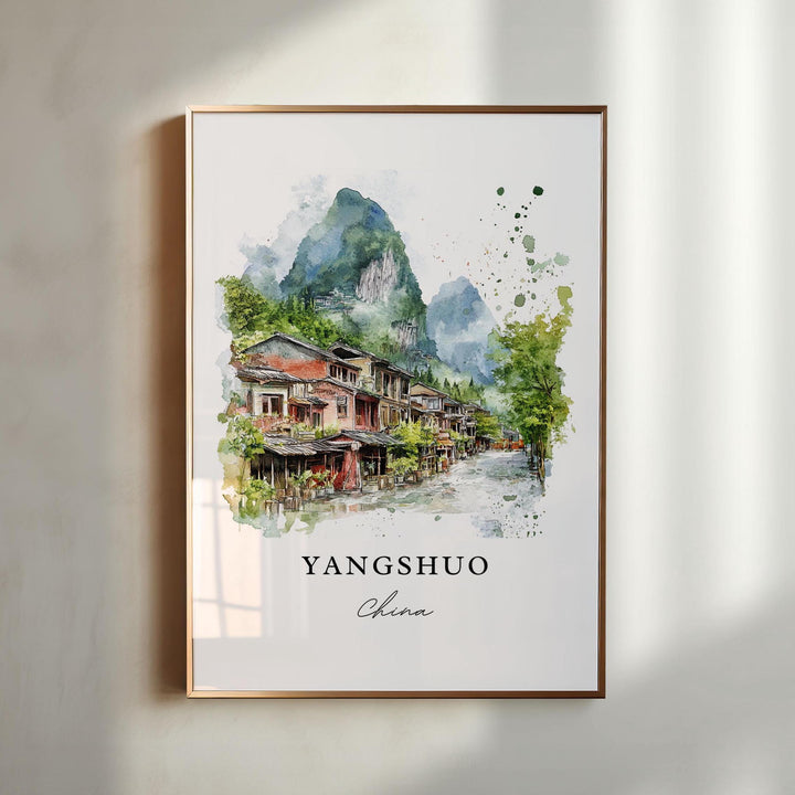 Yangshuo Wall Art, Yangshuo China Print, Guangxi Watercolor Art, Guangxi China Gift,