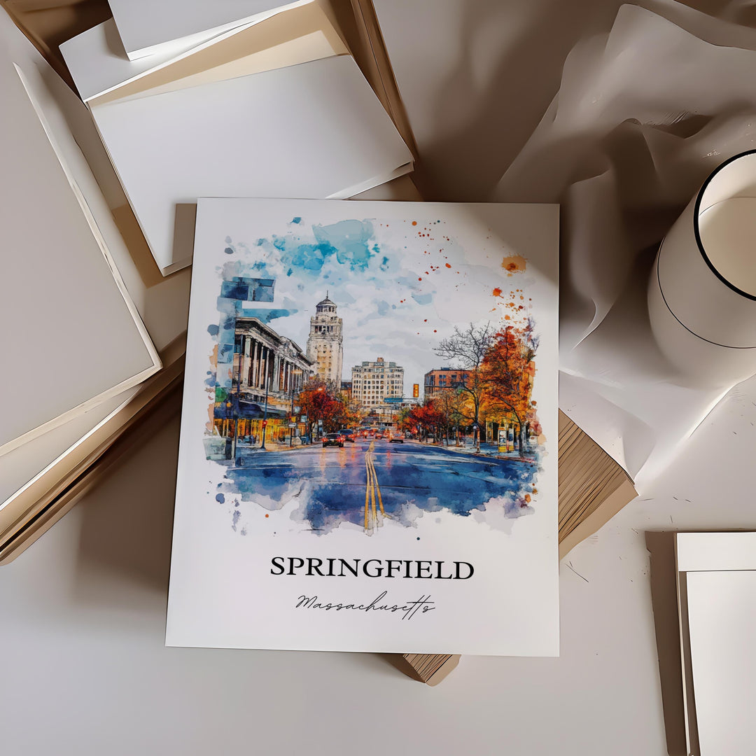 Springfield MA Wall Art, Connecticut River Print, MA Watercolor Art, Springfield MA Gift, Travel Print, Travel Poster, Housewarming Gift