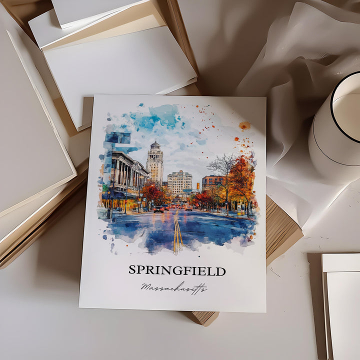 Springfield MA Wall Art, Connecticut River Print, MA Watercolor Art, Springfield MA Gift, Travel Print, Travel Poster, Housewarming Gift