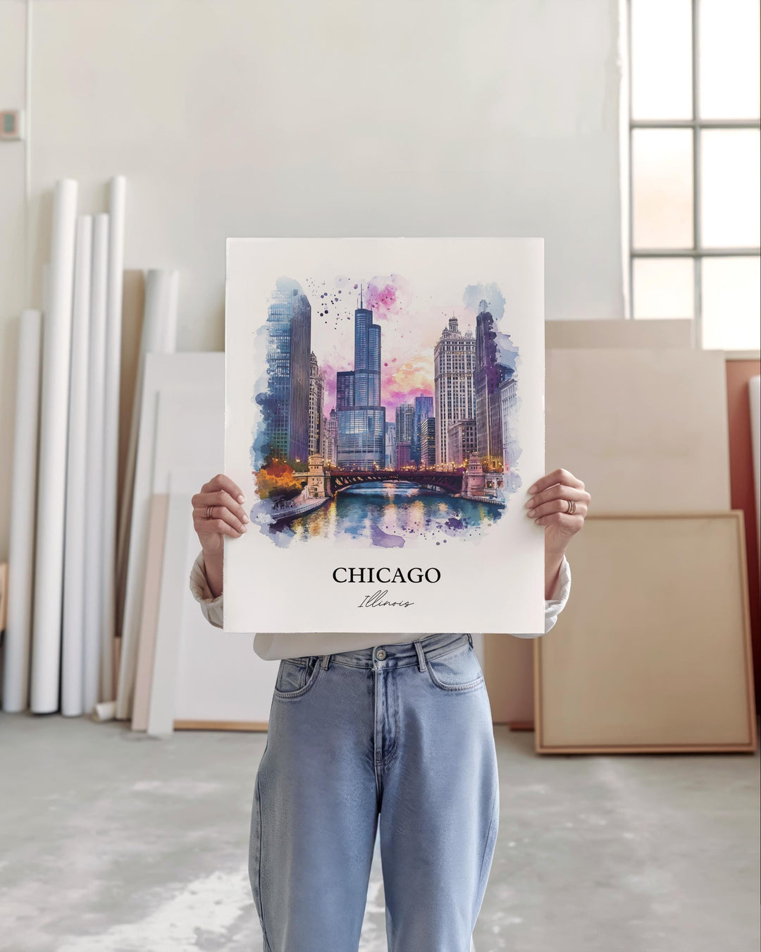 Chicago Wall Art, Chicago Print, Chicago Illinois Watercolor Art, Chicago Skyline Gift, Travel Print, Travel Poster, Housewarming Gift