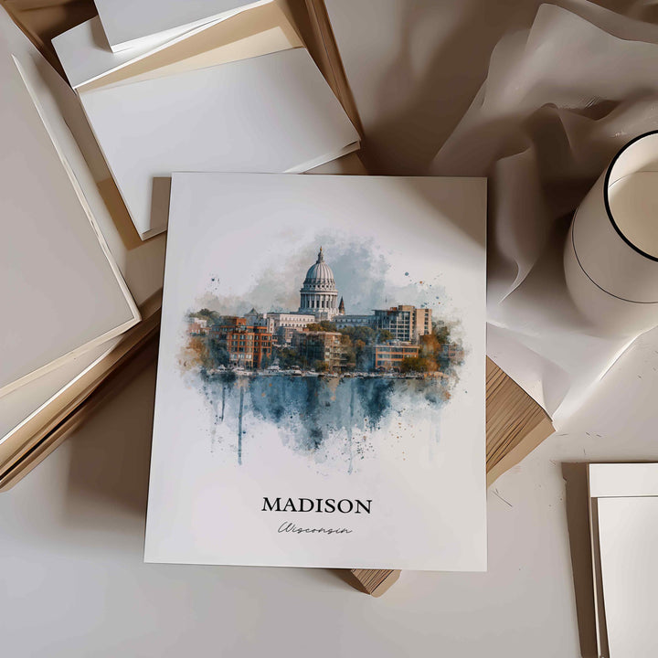 Madison WI Wall Art, Madison Print, Wisconsin Watercolor Art, Madison Wisconsin Skyline Gift, Travel Print, Travel Poster, Housewarming Gift