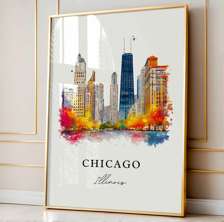 Chicago IL Wall Art, Chicago Print, Chicago Watercolor Art, Chicago Skyline Gift, Travel Print, Chicago Travel Poster, Housewarming Gift