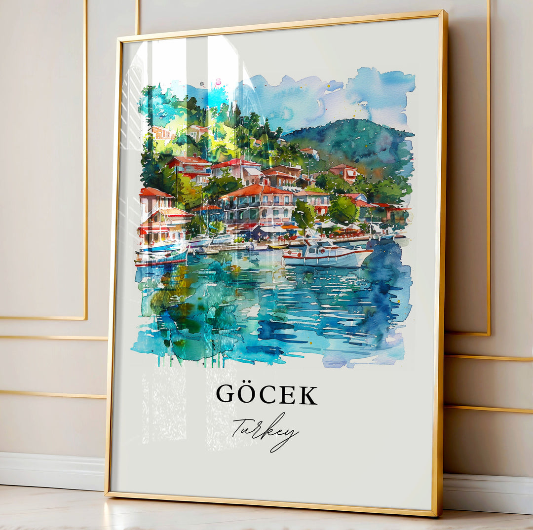 Gocek Turkey Art, Fethiye Turkey Print, Gocek Watercolor, Mugla Province Gift,