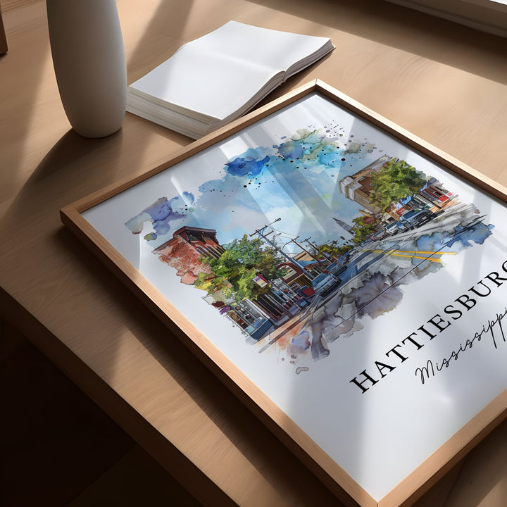 Hattiesburg MS Wall Art, Hattiesburg Print, Hattiesburg Mississippi Watercolor, Univ Mississippi Gift, MS Travel Poster, Housewarming Gift