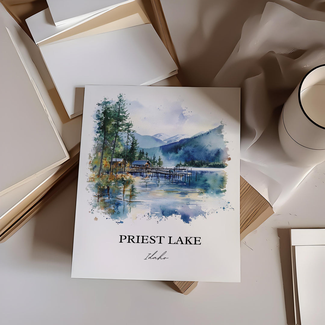 Priest Lake ID Wall Art, Priest River Idaho Print, Idaho Watercolor Art, Priest Lake Gift, Travel Print, Travel Poster, Housewarming Gift