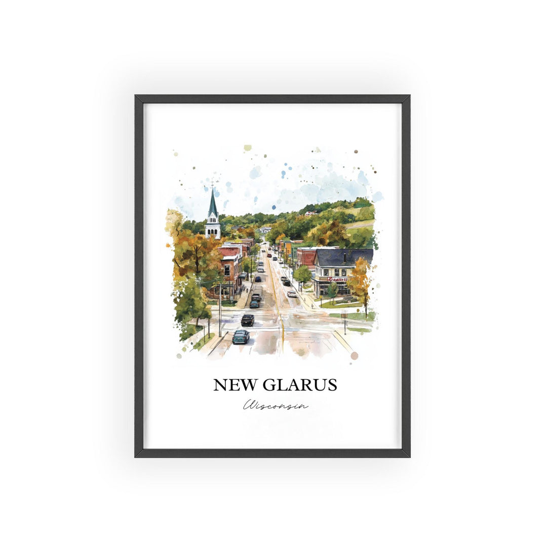 New Glarus Wall Art, New Glarus Print, Wisconsin Watercolor Art, New Glarus WI Gift, Travel Print, Travel Poster, Housewarming Gift