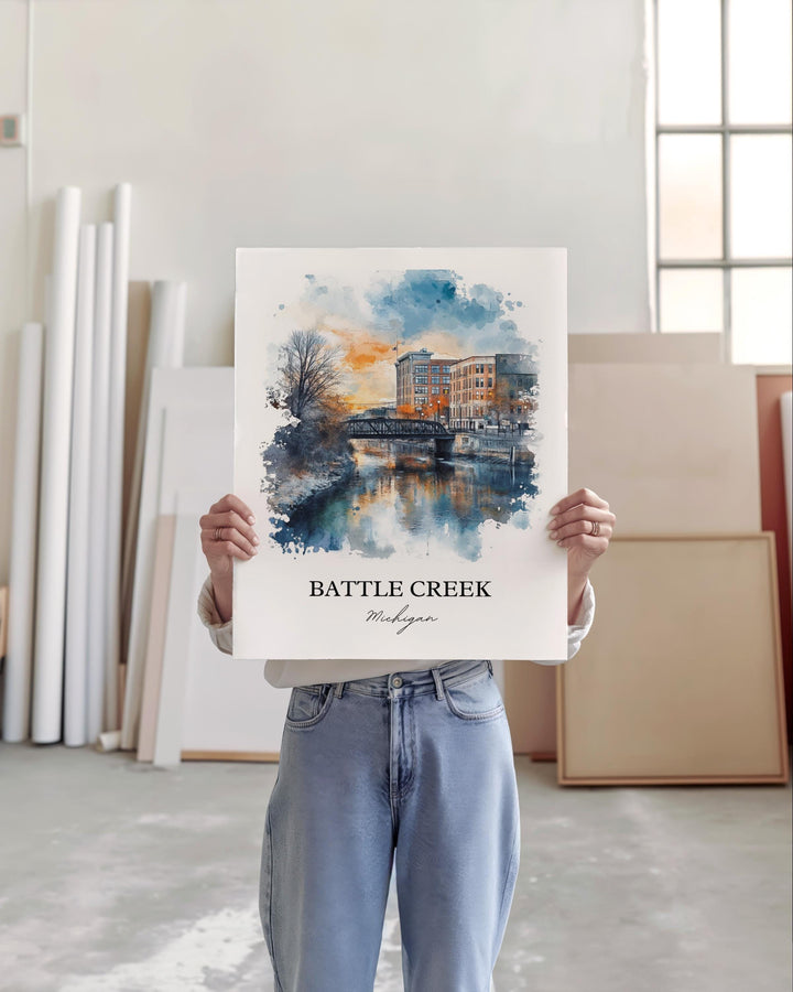 Battle Creek MI Wall Art, Calhoun County Print, Michigan Watercolor, Battle Creek MI Gift, Travel Print, Travel Poster, Housewarming Gift