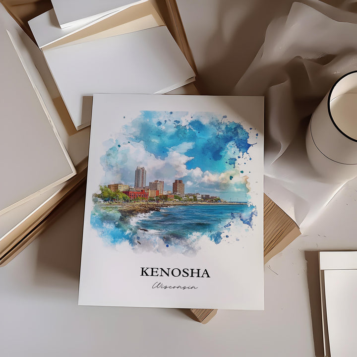 Kenosha WI Wall Art, Lake Michigan Print, Wisconsin Watercolor Art, Kenosha Wisconsin Gift, Travel Print, Travel Poster, Housewarming Gift