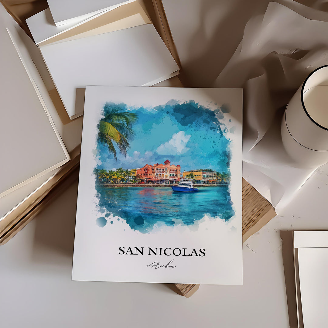 San Nicolas Wall Art, Oranjestad Print, Aruba Watercolor Art, San Nicolas Aruba Gift, Travel Print, Travel Poster, Housewarming Gift