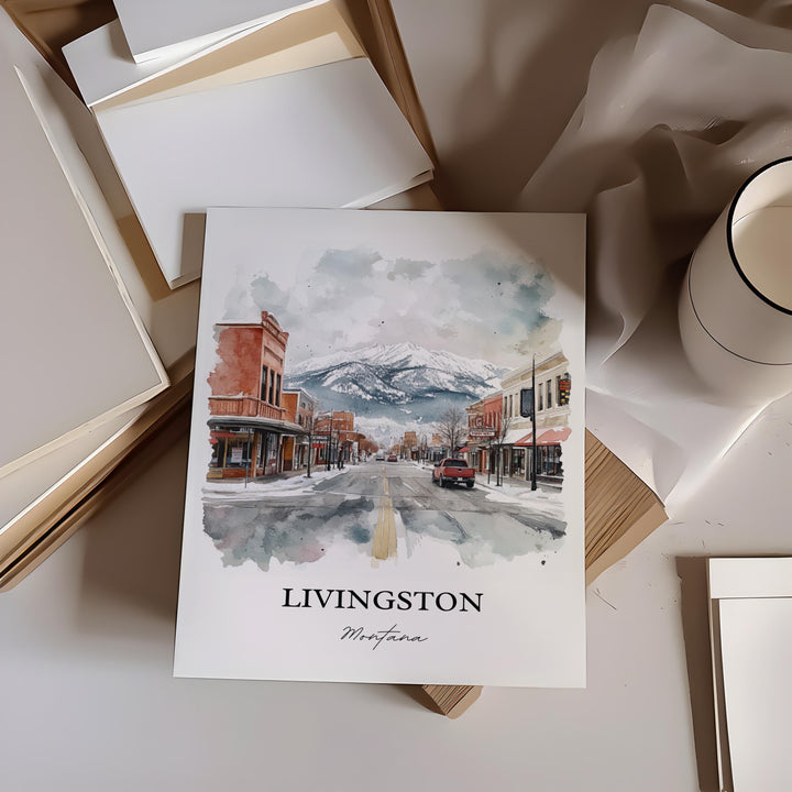 Livingston MT Wall Art, Montana Print, Yellowstone River Watercolor, Livingston Montana Gift, Travel Print, Travel Poster, Housewarming Gift