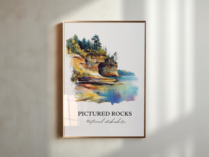 Pictured Rocks Lakeshore Wall Art, Alger County Print, Michigan Artwork, Pictured Rocks Gift, Travel Print, Travel Poster, Housewarming Gift