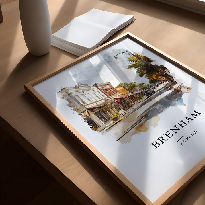 Brenham Texas Art, Brenham Print, Brenham TX Watercolor Art, Brenham Texas Town Gift, Travel Poster, Housewarming Gift