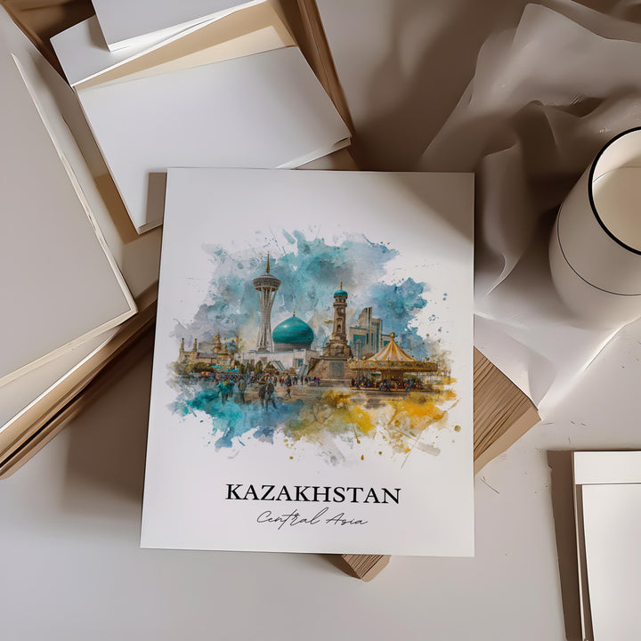 Kazakhstan Wall Art, Kazakhstan Print, Kazakhstan Watercolor Art, Kazakhstan Country Gift, Travel Print, Travel Poster, Housewarming Gift
