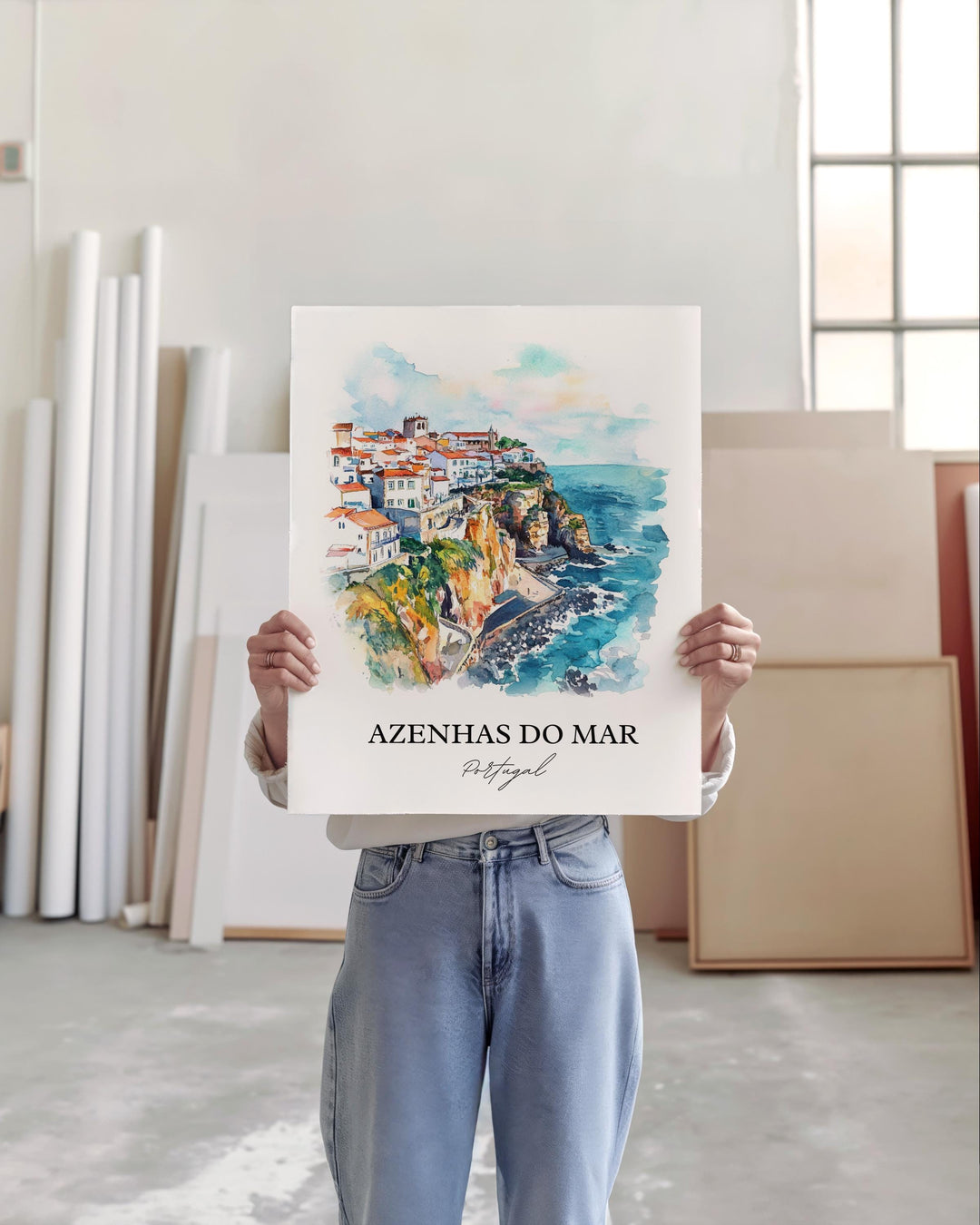 Azenhas Do Mar Wall Art, Sintra Print, Portugal Watercolor Art, Azenhas Do Mar Gift, Travel Print, Travel Poster, Housewarming Gift
