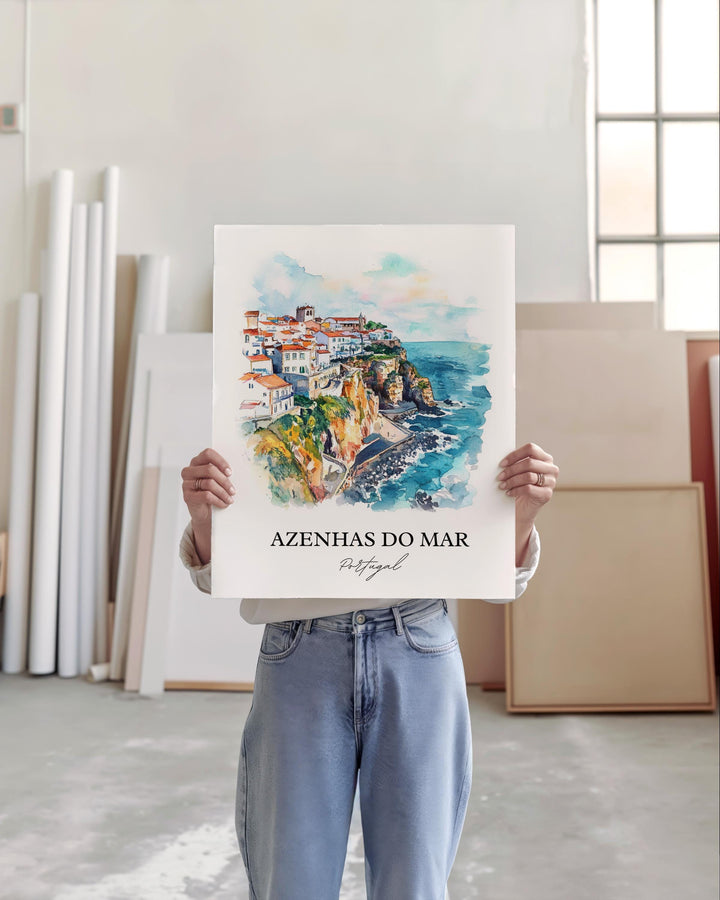 Azenhas Do Mar Wall Art, Sintra Print, Portugal Watercolor Art, Azenhas Do Mar Gift, Travel Print, Travel Poster, Housewarming Gift