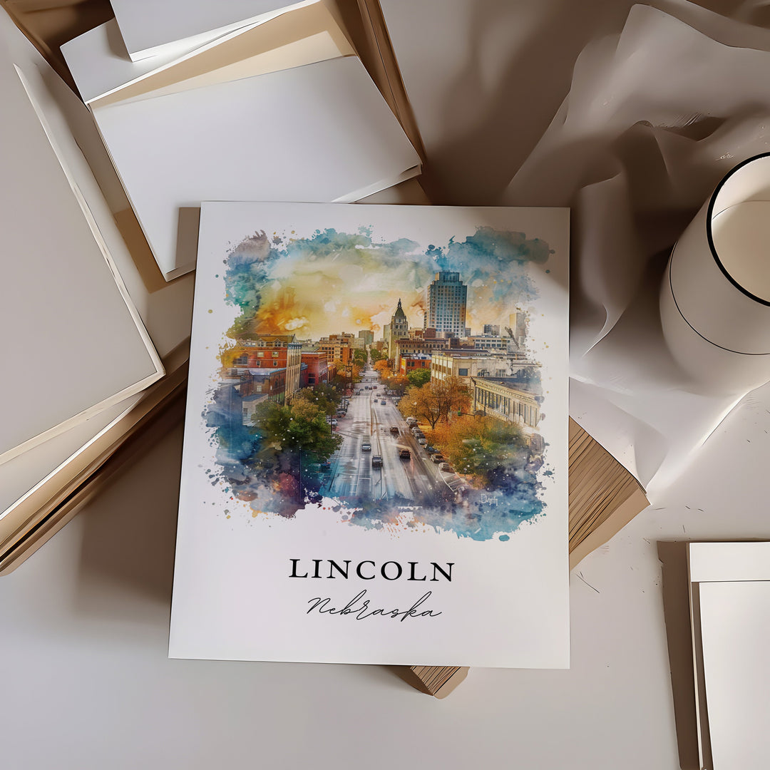 Lincoln NE Wall Art, Lincoln Nebraska Print, Lincoln NE Watercolor, Lincoln Nebraska Gift, Travel Poster, Housewarming Gift