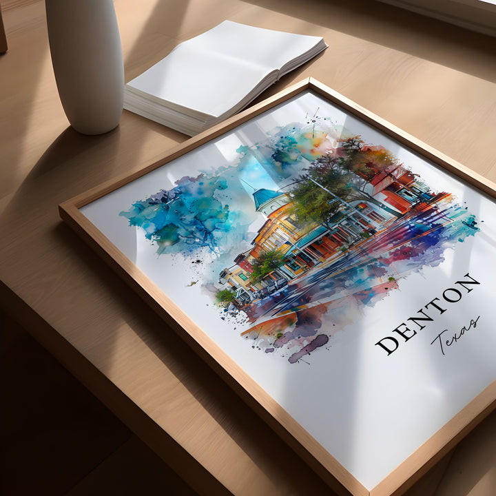 Denton TX Wall Art, Denton Print, Denton Watercolor, Dallas Fort Worth TX Art Gift,
