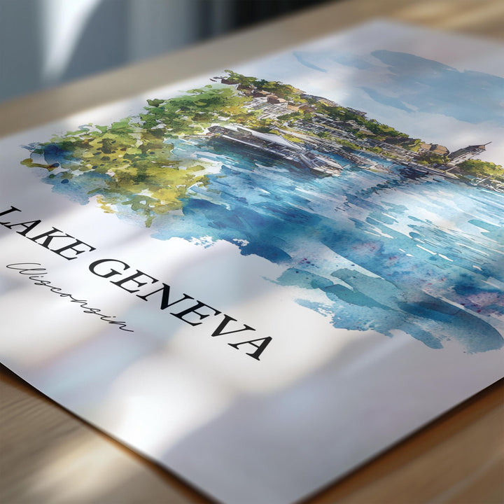 Lake Geneva WI Wall Art, Geneva Lake Print, Wisconsin Watercolor Art, Lake Geneva Gift, Travel Print, Travel Poster, Housewarming Gift