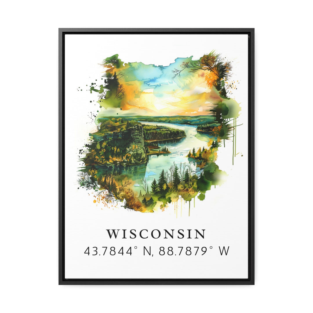 Wisconsin art - Wisconsin print with coordinates, Framed and Unframed Options - Wedding gift, Birthday present, Personalization Available