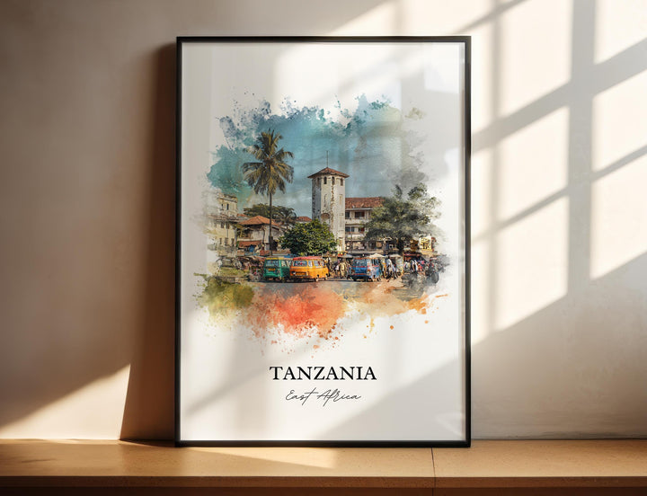 Tanzania Wall Art, Tanzania Print, Tanzania Watercolor Art, Tanzania Country Gift, Travel Print, Travel Poster, Housewarming Gift