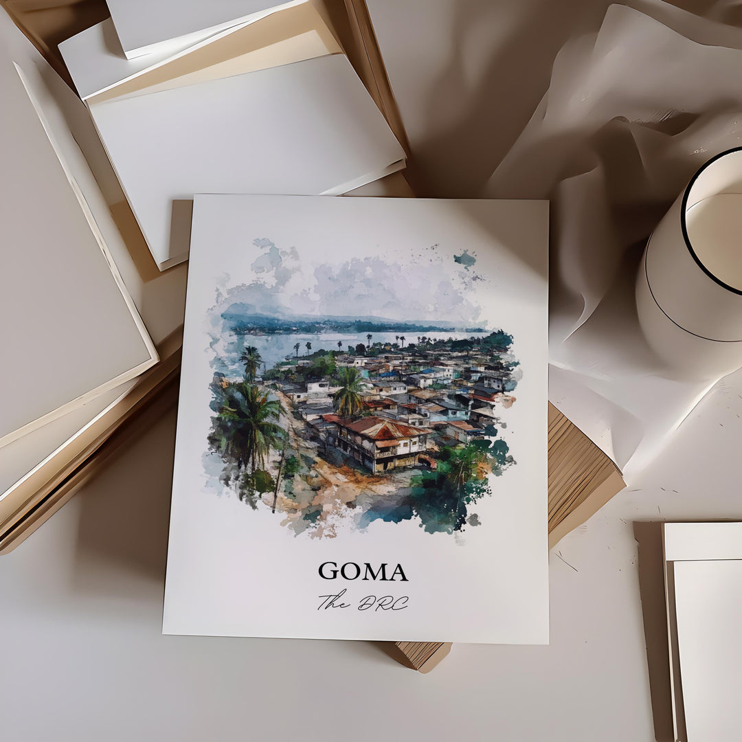 Goma DRC Wall Art, Lake Kivu Print, DRC Africa Watercolor Art, Goma The DRC Gift, Travel Print, Travel Poster, Housewarming Gift