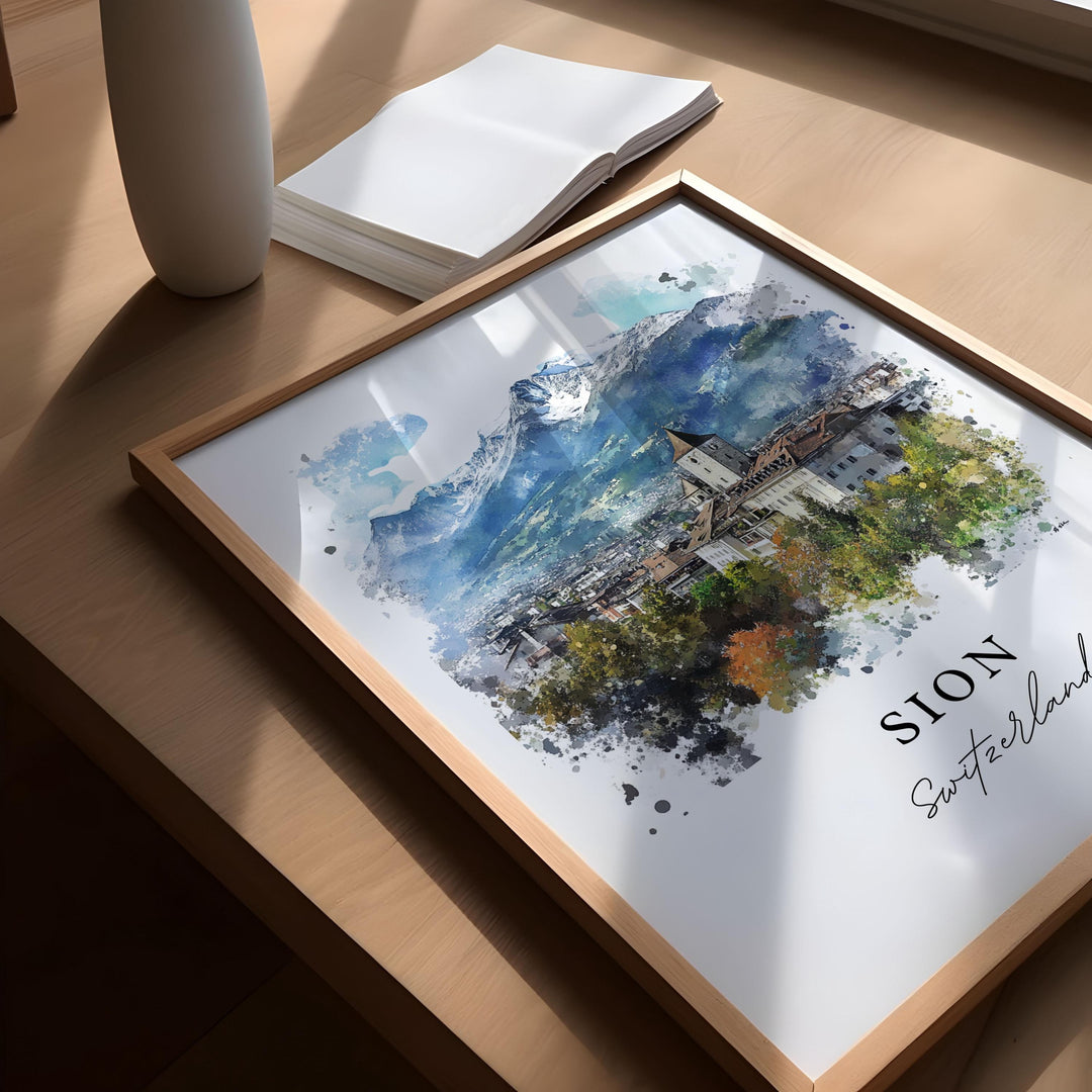 Sion Switzerland Wall Art, Sion Print, Sion Watercolor Art, Valais Switzerland Gift, Travel Poster, Housewarming Gift