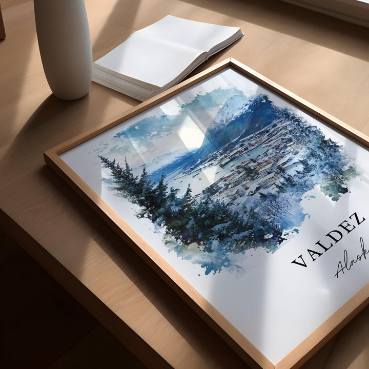 Valdez Alaska Wall Art, Valdez Alaska Print, Valdez Alaska Watercolor Art, Chugach AK Gift, Travel Poster, Housewarming Gift