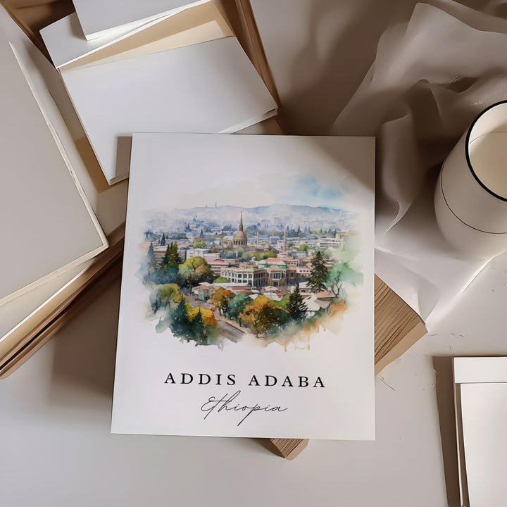 Addis Ababa watercolor travel art - Ethiopia, Addis Ababa poster, Wedding gift, Birthday present, Custom Text, Personalized Gift