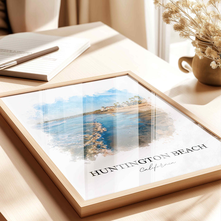 Huntington Beach Wall Art, California Print, Los Angeles Watercolor Art, LA Gift, Travel Print, Travel Poster, Housewarming Gift