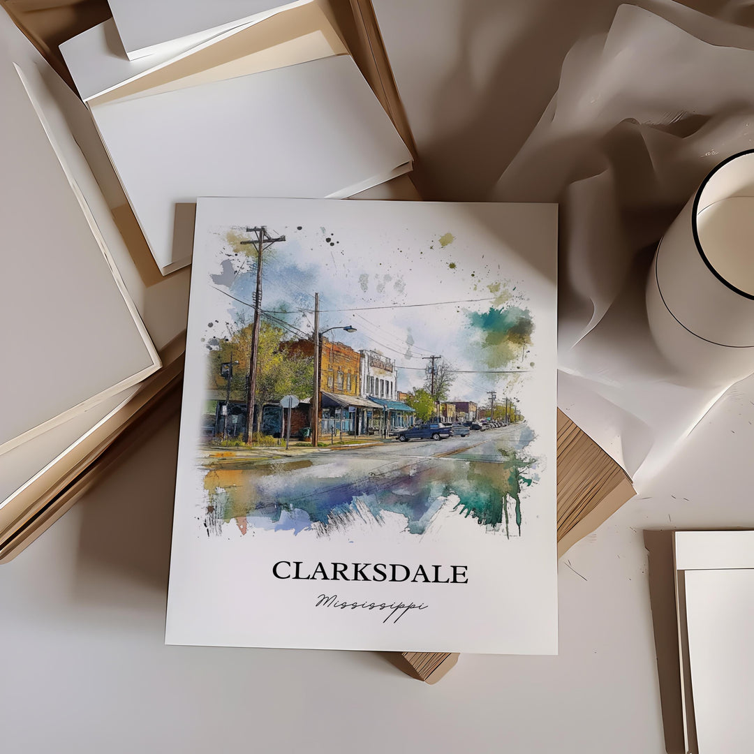 Clarksdale MS Wall Art, Clarksdale MS Print, Mississippi Watercolor Art, Clarksdale Gift, Travel Print, Travel Poster, Housewarming Gift