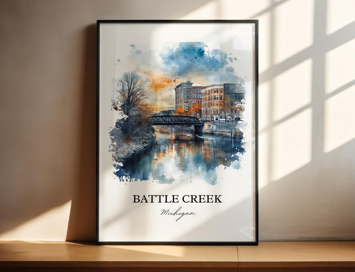 Battle Creek MI Wall Art, Calhoun County Print, Michigan Watercolor, Battle Creek MI Gift, Travel Print, Travel Poster, Housewarming Gift