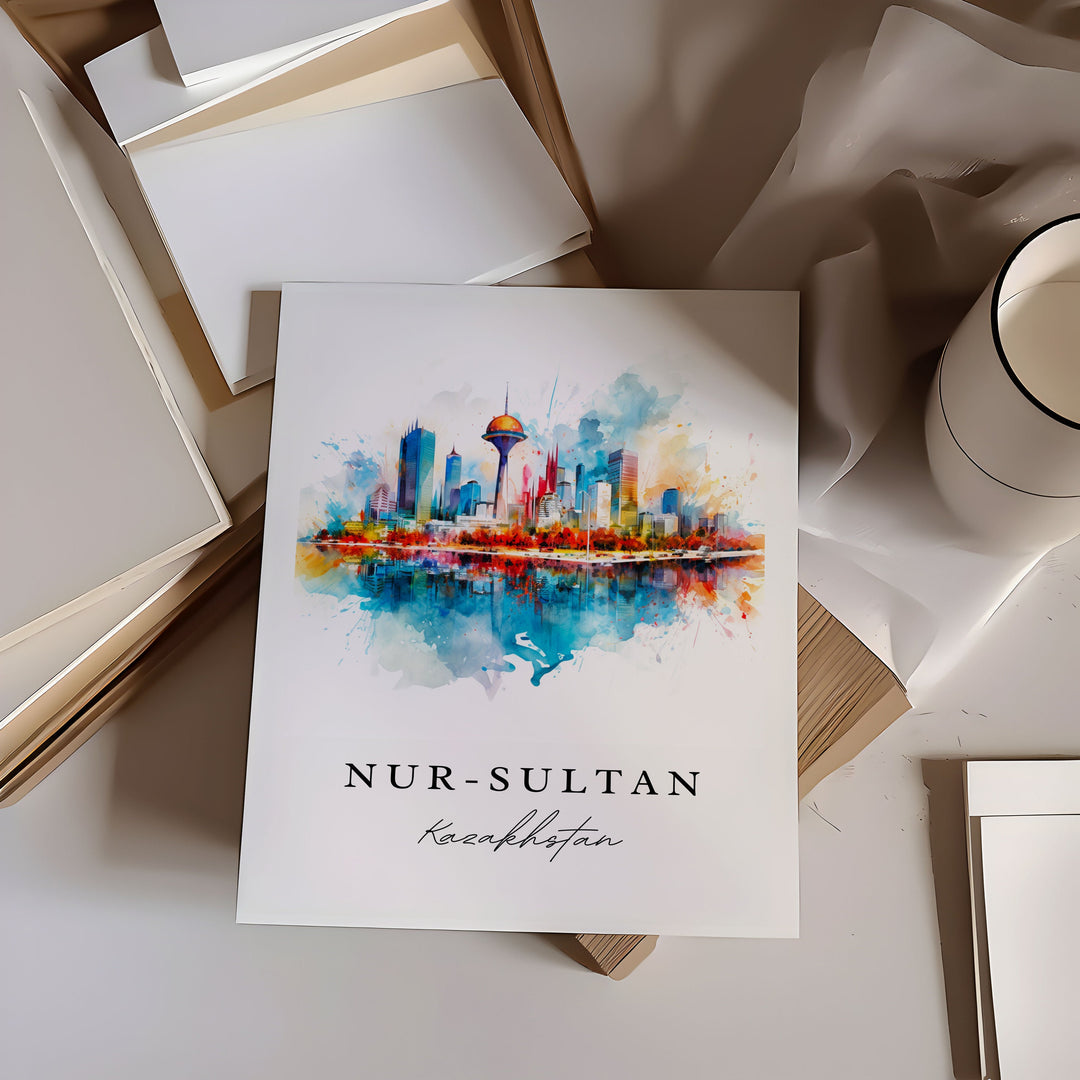 Nur-Saltan (Astana) traditional travel art - Kazakhstan, Nur-Saltan print, Wedding gift, Birthday present, Custom Text, Perfect Gift