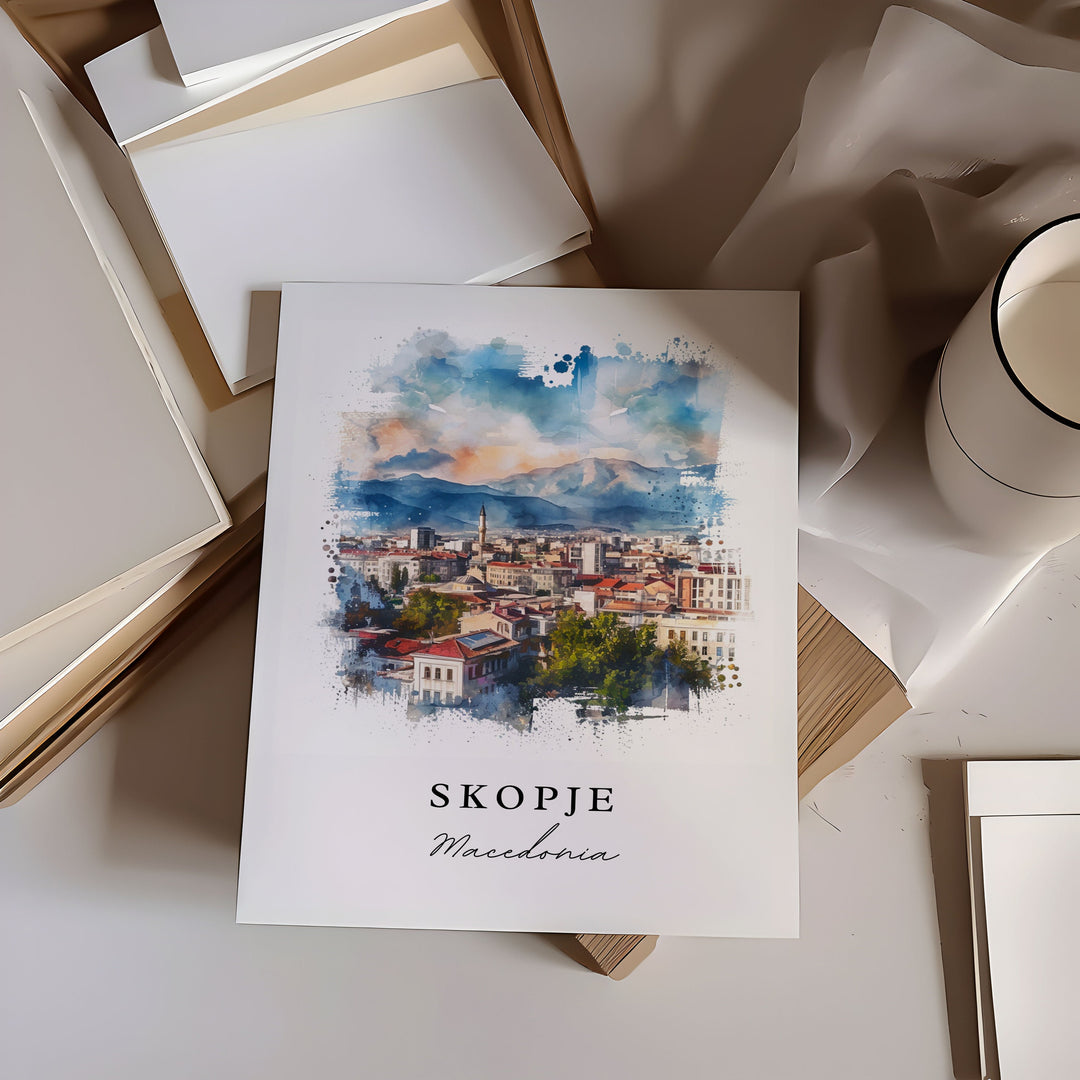 Skopje watercolor travel art - Macedonia, Skopje print, Wedding gift, Birthday present, Custom Text, Perfect Gift