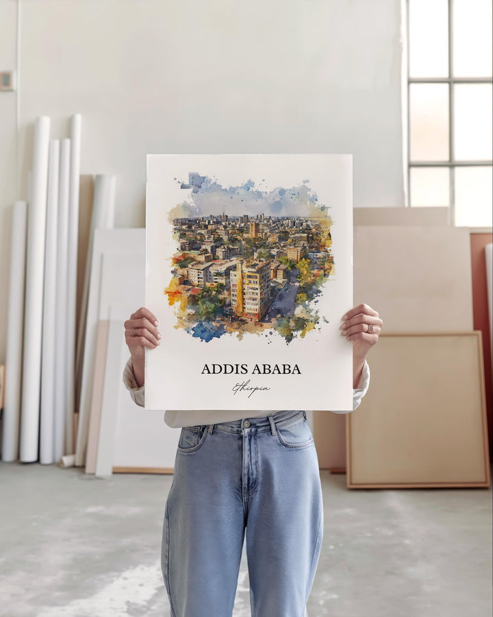 Addis Ababa Wall Art, Ethiopia Print, Ethiopia Watercolor Art, Addis Ababa Gift, Travel Print, Travel Poster, Housewarming Gift