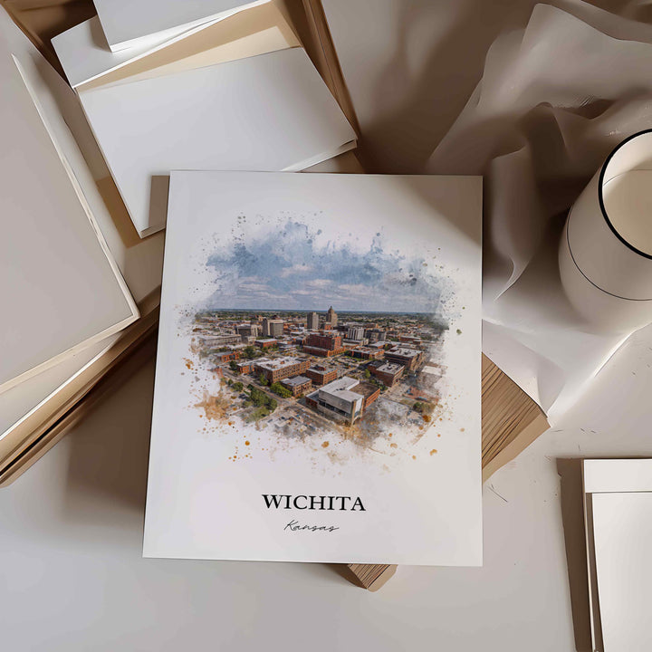 Wichita KS Wall Art, Wichita Print, Wichita Watercolor Art, Wichita Kansas Skyline Gift, Travel Print, Travel Poster, Housewarming Gift