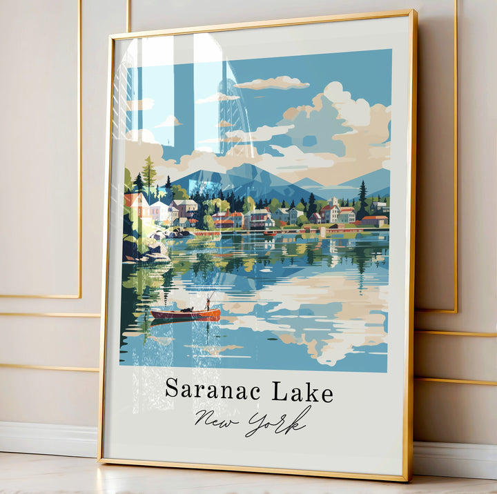 Saranac Lake traditional travel art - New York, Saranac Lake poster, Wedding gift, Birthday present, Custom Text, Personalised Gift