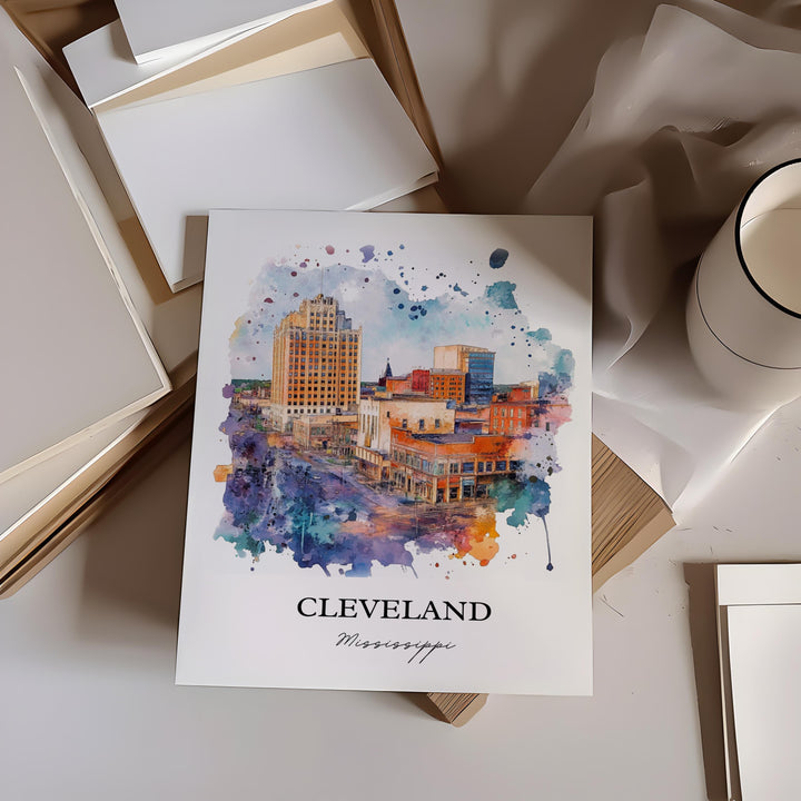 Cleveland MS Wall Art, Bolivar County Print, Mississippi Watercolor, Cleveland Miss. Gift, Travel Print, Travel Poster, Housewarming Gift