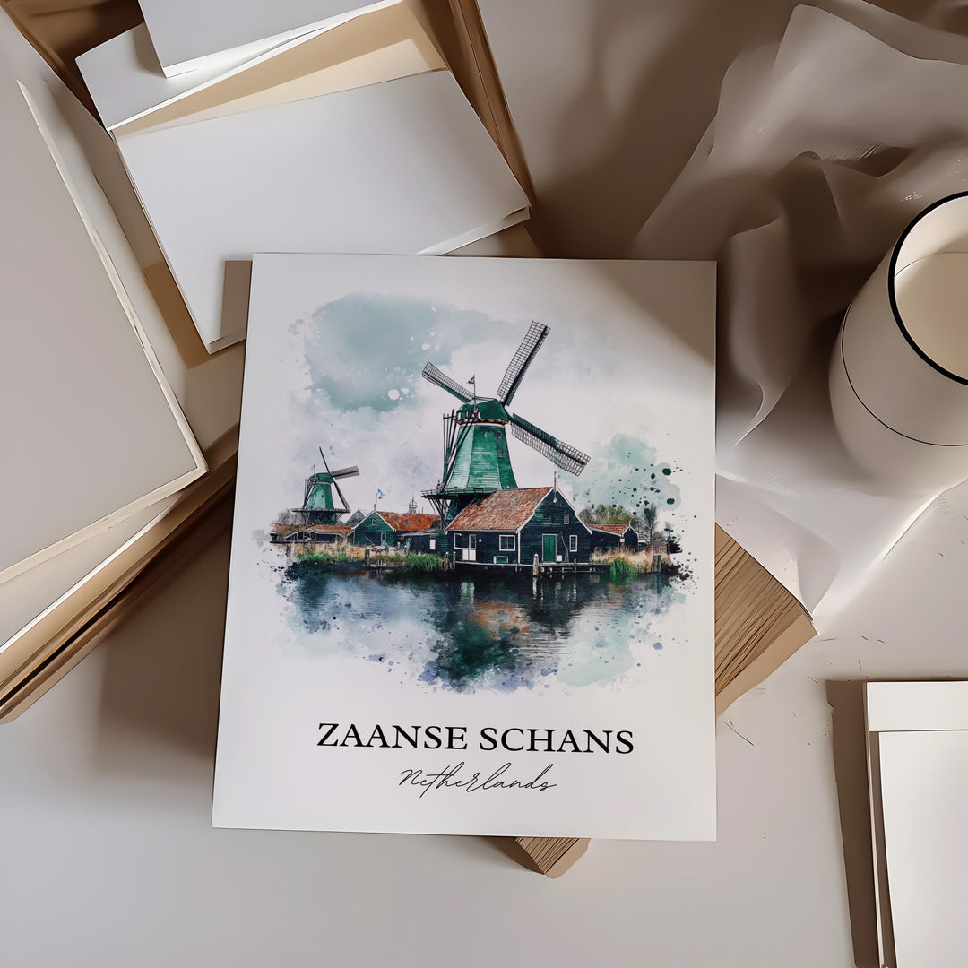 Zaanse Schans Wall Art, Zaandam Print, Netherlands Watercolor Art, Zaanse Schans Gift, Travel Print, Travel Poster, Housewarming Gift