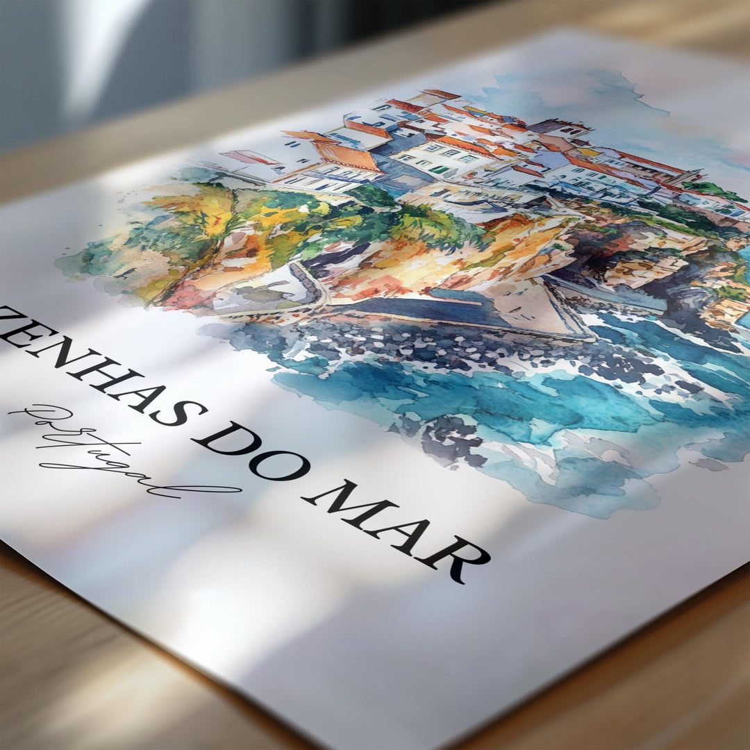 Azenhas Do Mar Wall Art, Sintra Print, Portugal Watercolor Art, Azenhas Do Mar Gift, Travel Print, Travel Poster, Housewarming Gift