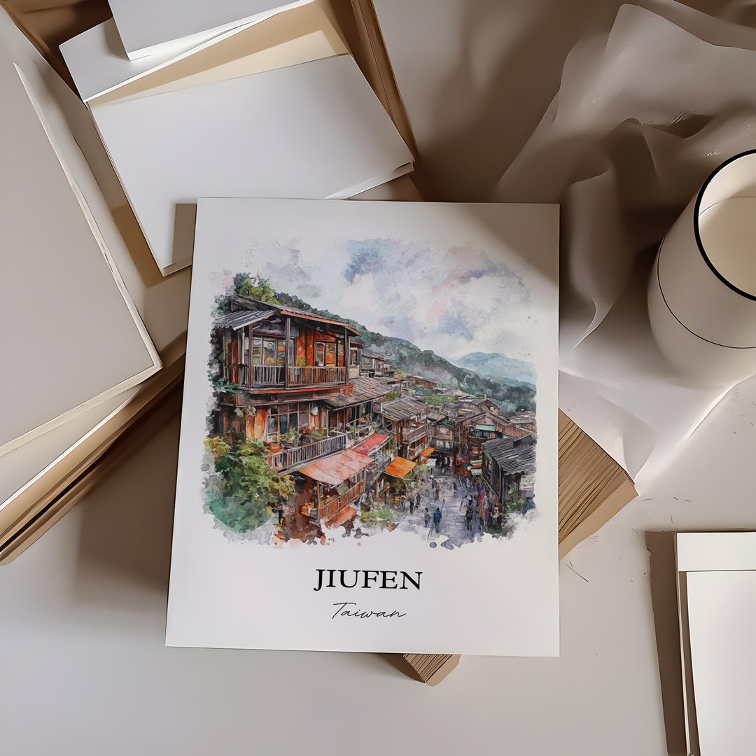 Jiufen Taiwan Wall Art, Jiufen Taiwan Print, Taiwan Watercolor Art, Jiufen Gift, Travel Print, Travel Poster, Housewarming Gift