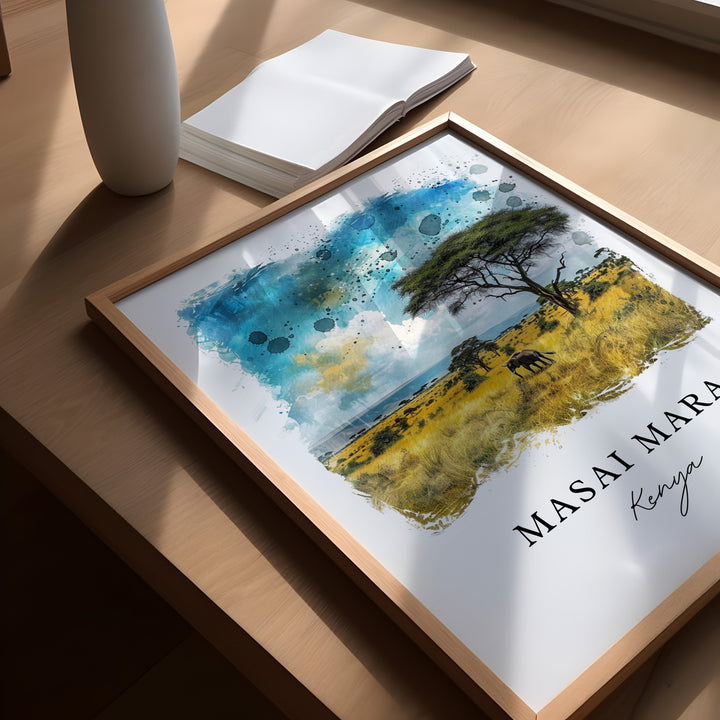 Masai Mara Wall Art, Masai Mara Kenya Print, Kenya Watercolor, Kenya Travel Gift,