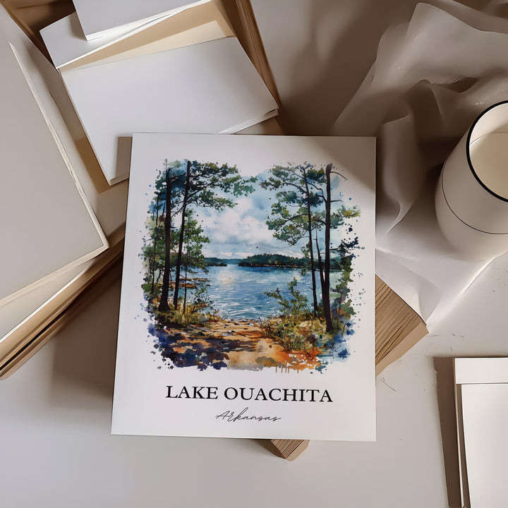 Lake Ouachita Wall Art, Ouachita Forest Print, Arkansas Watercolor Art, Lake Ouachita Gift, Travel Print, Travel Poster, Housewarming Gift