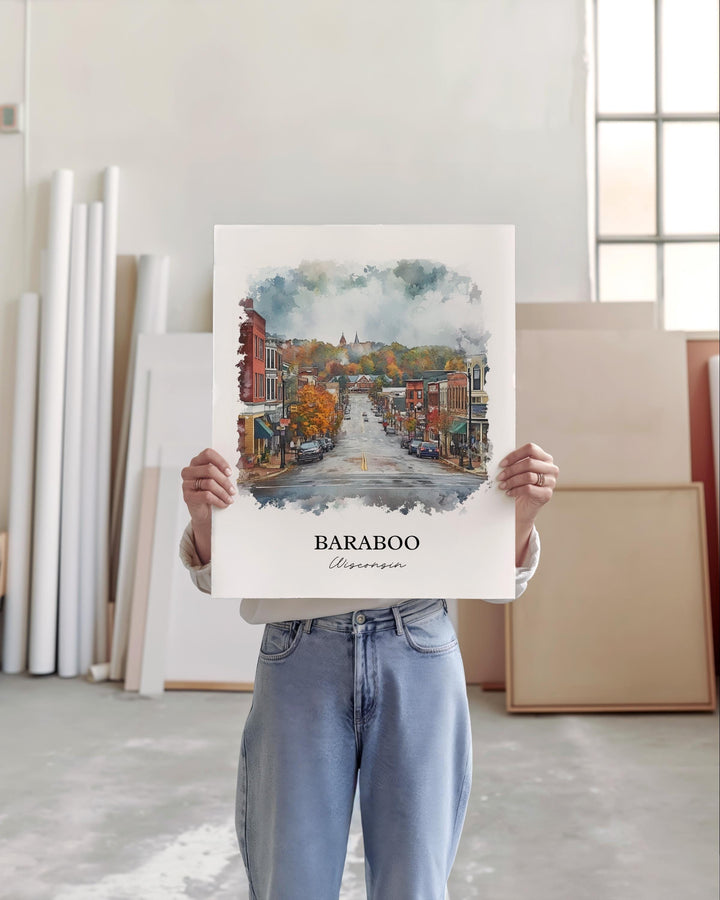 Baraboo WI Wall Art, Sauk County Print, Wisconsin Watercolor Art, Baraboo Gift, Travel Print, Travel Poster, Housewarming Gift