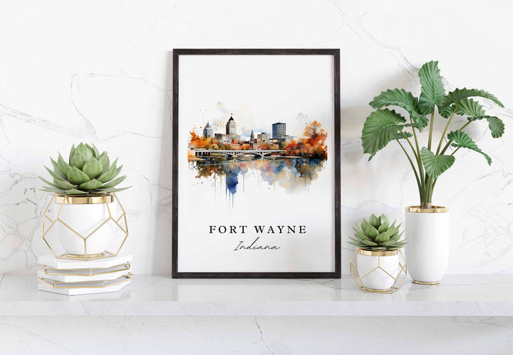 Fort Wayne traditional travel art - Indiana, Fort Wayne poster, Wedding gift, Birthday present, Custom Text, Personalized Gift