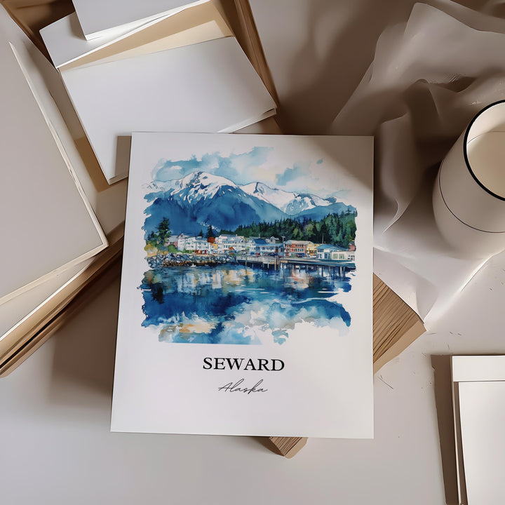 Seward Alaska Wall Art, Seward Print, Kenai Fjords Watercolor Art, Seward AK Gift, Travel Print, Travel Poster, Housewarming Gift