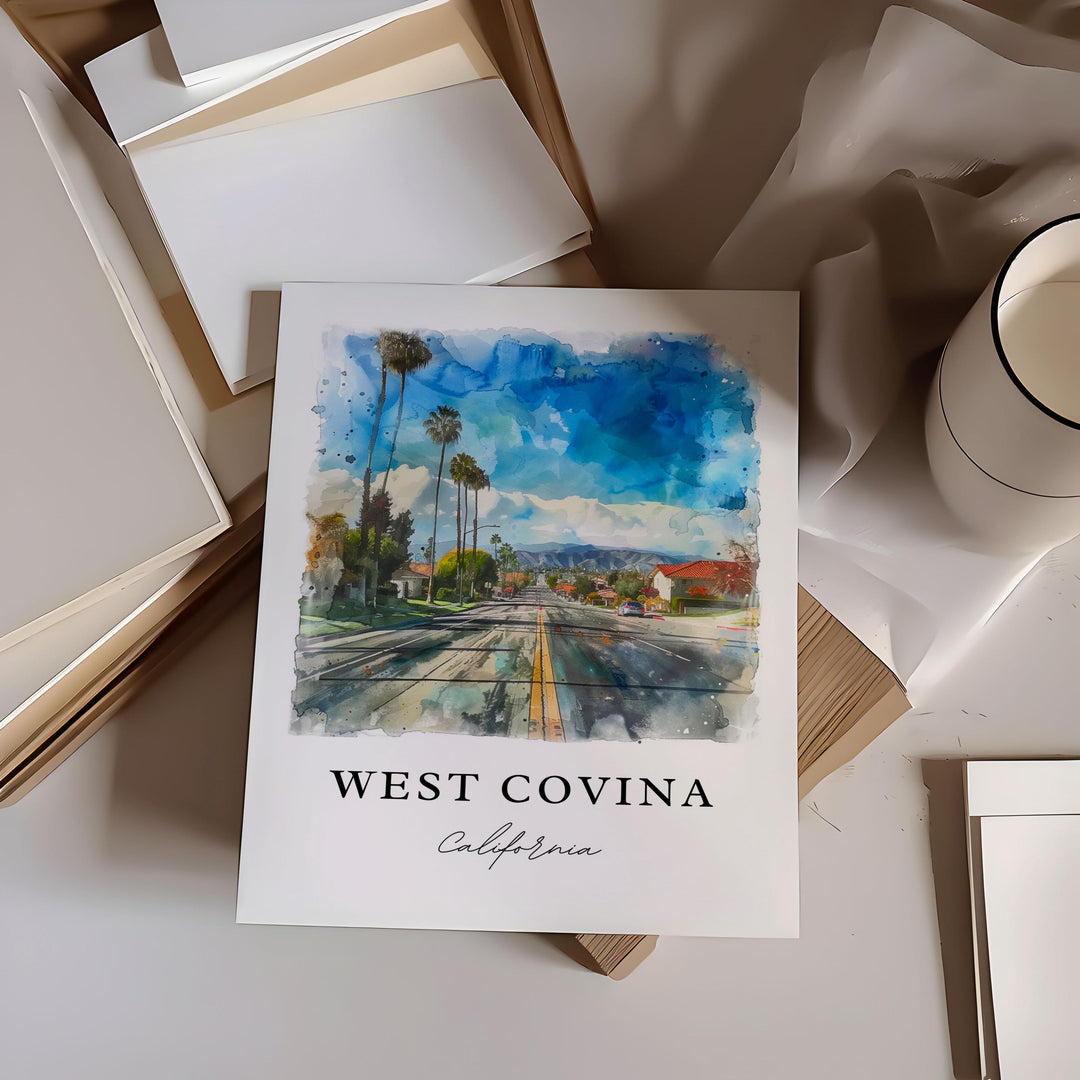 West Covina CA Wall Art, West Covina Print, West Covina Watercolor Art, West Covina Gift,