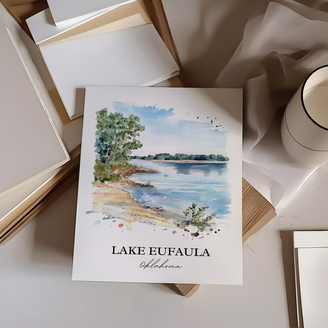 Lake Eufaula Wall Art, Eufaula Lake Print, Oklahoma Watercolor Art, Lake Eufaula Gift, Travel Print, Travel Poster, Housewarming Gift