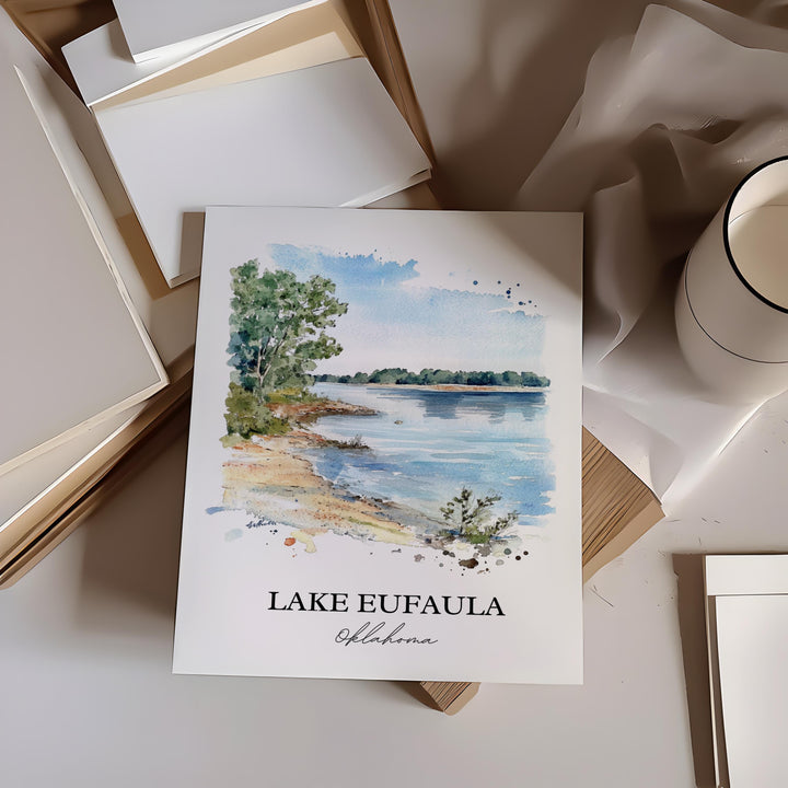 Lake Eufaula Wall Art, Eufaula Lake Print, Oklahoma Watercolor Art, Lake Eufaula Gift, Travel Print, Travel Poster, Housewarming Gift